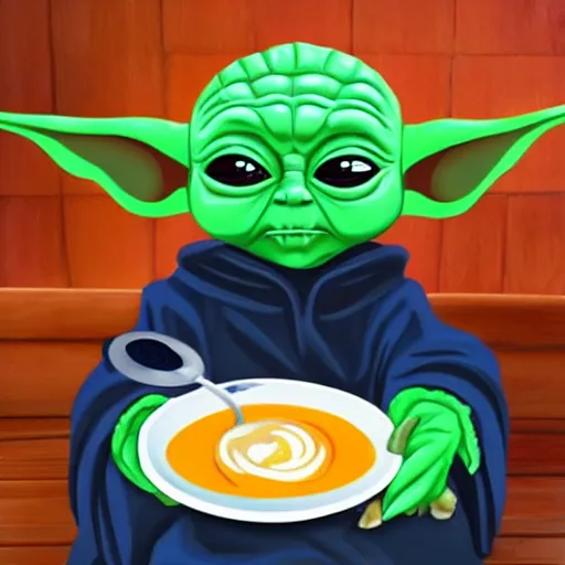 Prompt: Baby Yoda holding a bowl of soup in his hands