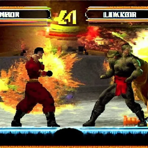 Image similar to alexander lukashenko fighting versus liu kang in mortal kombat 2 game