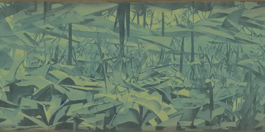 Image similar to The artwork by Aaron Douglas of the cinematic view of a forest of giant diatoms