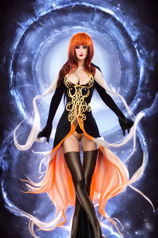 Prompt: Full body Portrait of a female elementalist, black-white skintight robes!, leggins, golden accessories, garments, thick legs, dark red hair!, long straight hair, sculptured face, blue eyes, red lipstick, floating, orange fire/blue ice duality, dual magics, extremely detailed, by frank franzzeta, WLOP, Genzoman and gary gygax, trending on artstation, artstationHD, artstationHQ, deviantart, 16K, HD, matte painting, vibrant colors