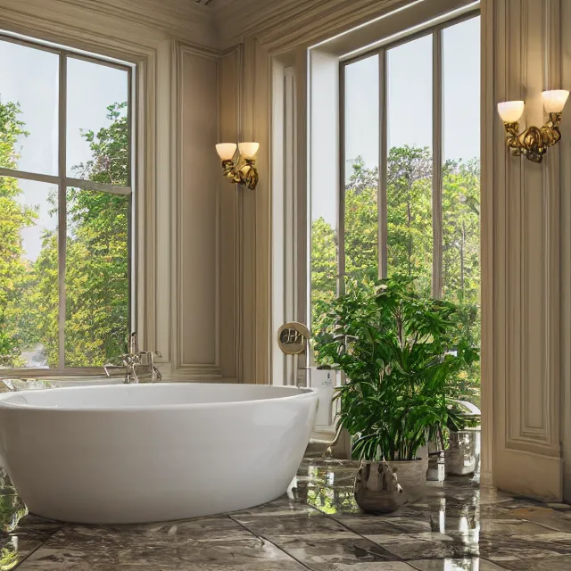 Prompt: marble bathroom interior, bathtub with golden faucet, wood cabinets, marble floor, large window in back with vermont fall foliage river view, large potted plant, realistic, unreal engine render, octane render, hyper realistic, photo, 8 k