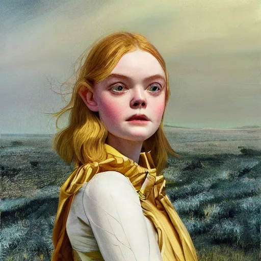 Image similar to Elle Fanning as an Android, head and shoulders masterpiece, oil on canvas, golden hour, in the world of Andrew Wyeth and Bruce Pennington, artstation, by J. C. Leyendecker and Peter Paul Rubens,