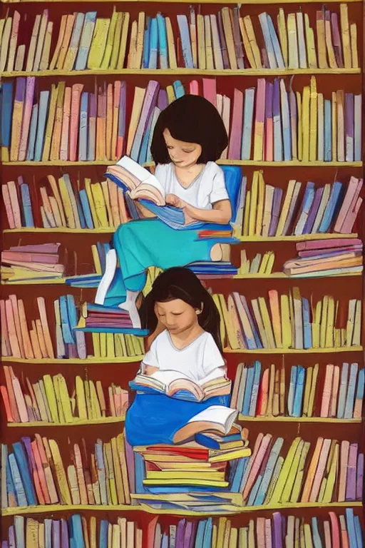 Prompt: a little girl sits cross legged on top of a tall pile of books. she is reading. clean pretty cartoon painting, beautiful detailed face.