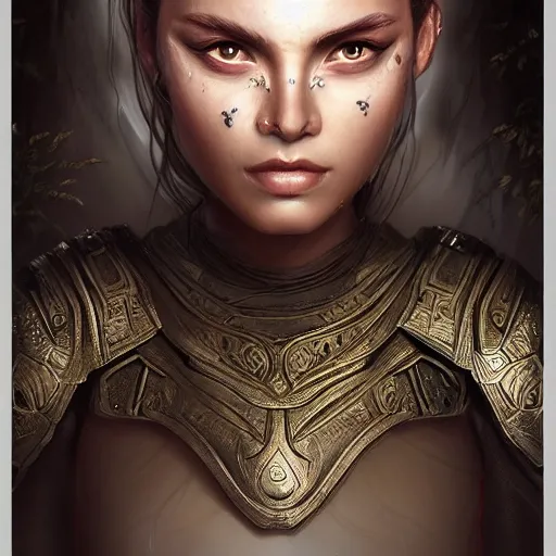 Prompt: A head and shoulders portrait of a mystical female warrior in shiny armorm in an enchanted zen garden, by Artgerm, sci-fi, fantasy, intricate, very very beautiful, elegant, highly detailed, digital painting, artstation, concept art, smooth, sharp focus, Cinematic Lighting, Unreal Engine, 8k, HD