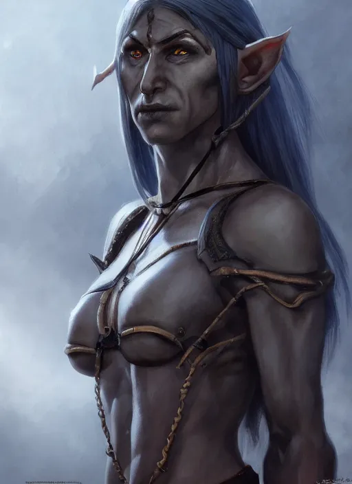 Image similar to realistic dark elf by r. a. salvatore portrait, trending on artstation, low angle oil painting and composition laws, cinematic lighting, hyperdetailed, artstation, cgsociety, 8 k