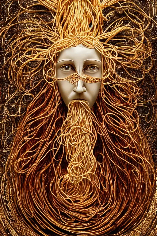 Prompt: ancient spaghetti god, holy regal spaghetti creature, shining white light, luxurious throne, mystical being with a face of spaghetti, intricate statue, gold, spaghetti face, detailed realistic painting, 4 k