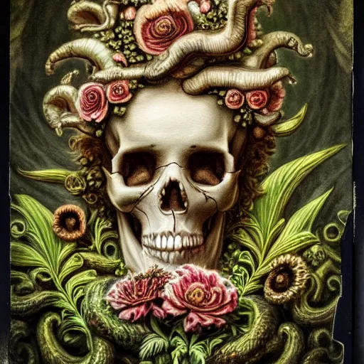 Image similar to a beautiful detailed front view rococo portrait of a rotten woman corpse becoming almost a skull with fractal plants and fractal flowers and mushrooms growing around, intricate, ornate, volumetric light, beautiful lit, polaroid photography, the northman