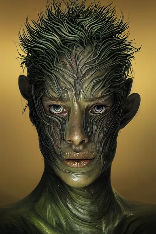 Image similar to beautiful portrait of a mutant algae plant character, intricate, dystopian, eyelashes, extremely detailed, digital painting, sculpted in zbrush, artstation, concept art, smooth, sharp focus, illustration, chiaroscuro soft lighting, golden ratio, rule of thirds, fibonacci, incredible art by Stanley Artgerm Lau and Greg Rutkowski, composition by mike mignola and Simon Stalenhag,