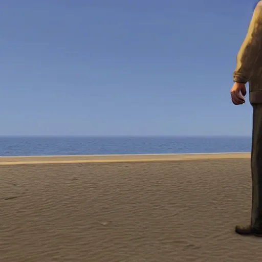 Prompt: kodak portra 8 0 0, an invisible man stands on the beach in gta v