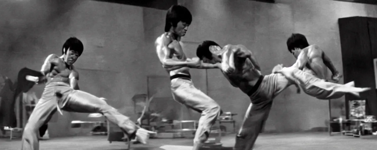 Image similar to Bruce Lee performing a spinning back kick on the Pope, cinematic, 4K, in the movie Enter The Dragon