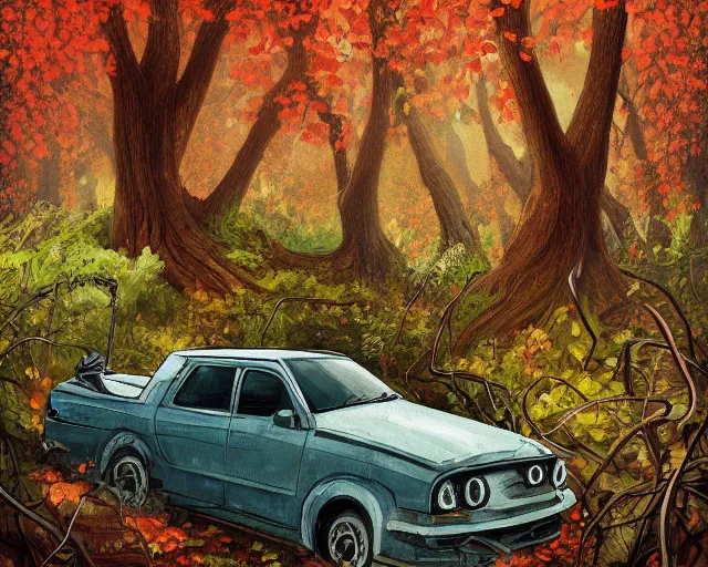 Prompt: A painting of an overgrown car in a forest, vines coming down from the tall trees, autumn, rocky ground, digital art, trending on Artstation, immaculate scale, amazing composition, cartoon illustration