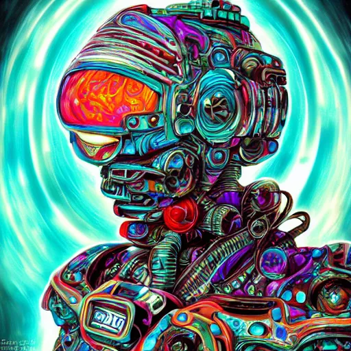 Prompt: An extremely psychedelic experience, colorful, surreal, mecha, robot portrait,LSD, face, jet turbine, tarot, detailed, intricate, elegant, highly detailed, super detailed, insane detailed, digital painting, concept art, smooth, sharp focus, unreal engine, illustration, art by josan gonzales, Krenz Cushar, Marco Plouffe, dan mumford, Artem Demura and alphonse mucha