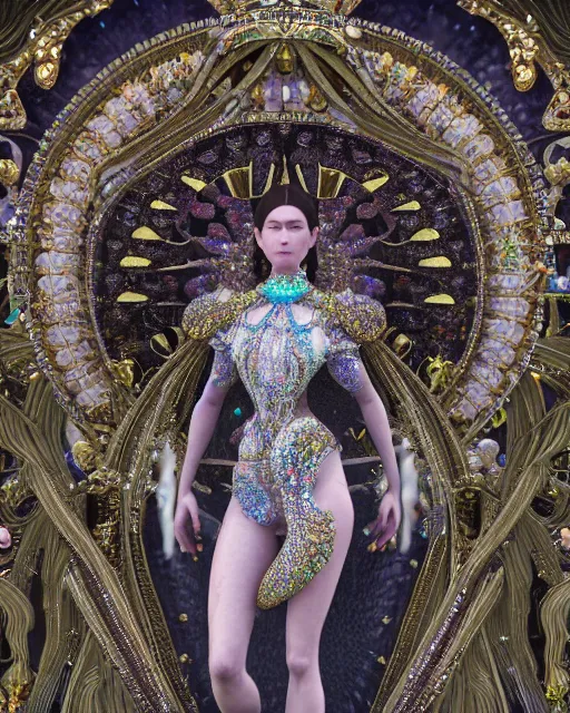 Prompt: a highly detailed metahuman 4 k close up render of a bella hadid nataraja monument renaissance in iris van herpen dress schiaparelli in diamonds crystals swarovski and jewelry iridescent in style of alphonse mucha gustav klimt trending on artstation made in unreal engine 4