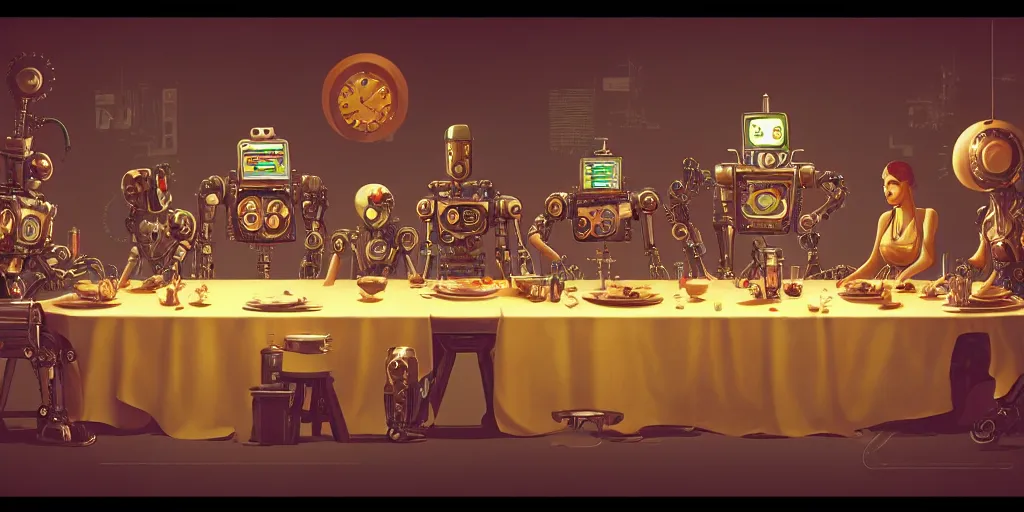 Image similar to clockpunk robot last supper, digital painting, trending on artstation, sharp focus, 4 k