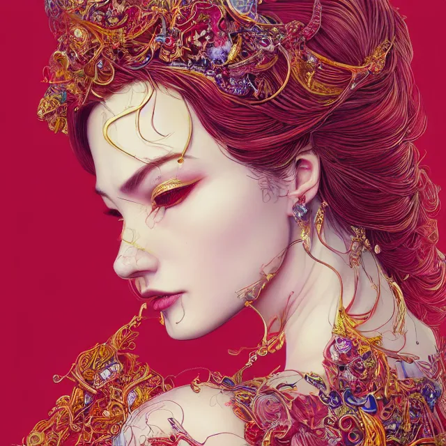 Image similar to an absurdly beautiful, elegant, young hypercolorful woman made of rubies and red gems, ultrafine hyperrealistic detailed face illustration by kim jung gi, irakli nadar, intricate linework, sharp focus, bright colors, matte, octopath traveler, final fantasy, unreal engine highly rendered, global illumination, radiant light, intricate environment