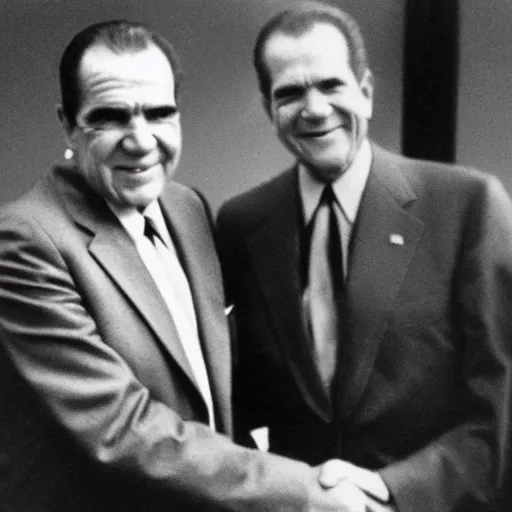 Image similar to a polaroid photograph of Richard Nixon shaking hands with a Grey alien