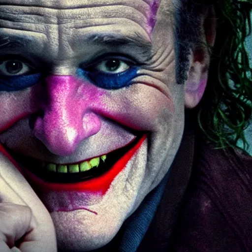 Image similar to stunning awe inspiring ( robin williams ) as the joker 8 k hdr movie still atmospheric lighting