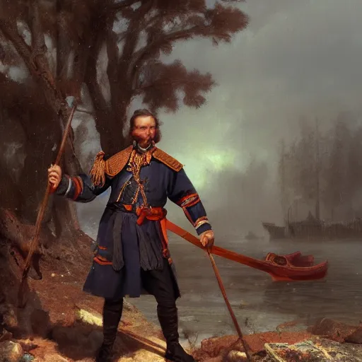 Prompt: Peter the Great holding big narrow axe, russian tsar Peter I, russian emperor, sharp focus, fantasy style, octane render, volumetric lighting, 8k high definition, by greg rutkowski, highly detailed, trending on art Station, oil painting