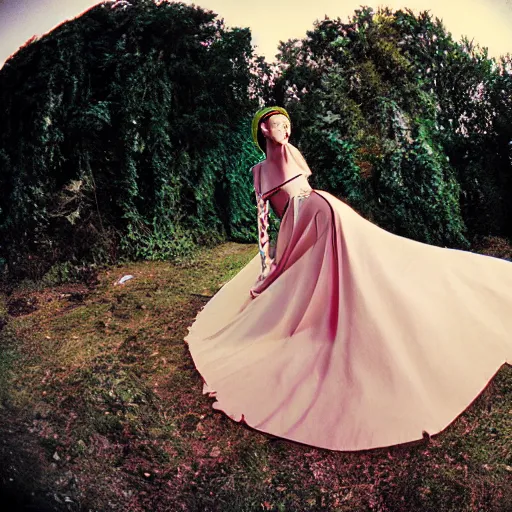 Prompt: fisheye medium format photograph of a surreal fashion shoot