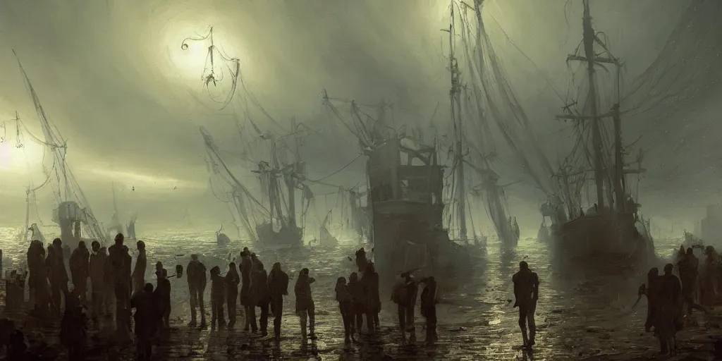 Image similar to streets of innsmouth during the night by the ocean, lovecraftian atmosphere, sailors standing up in front of the house, mutant fishmen walking in the port, mystical fog, oil on canvas, art by andreas achenbach, clemens ascher, tom bagshaw and sabbas apterus,