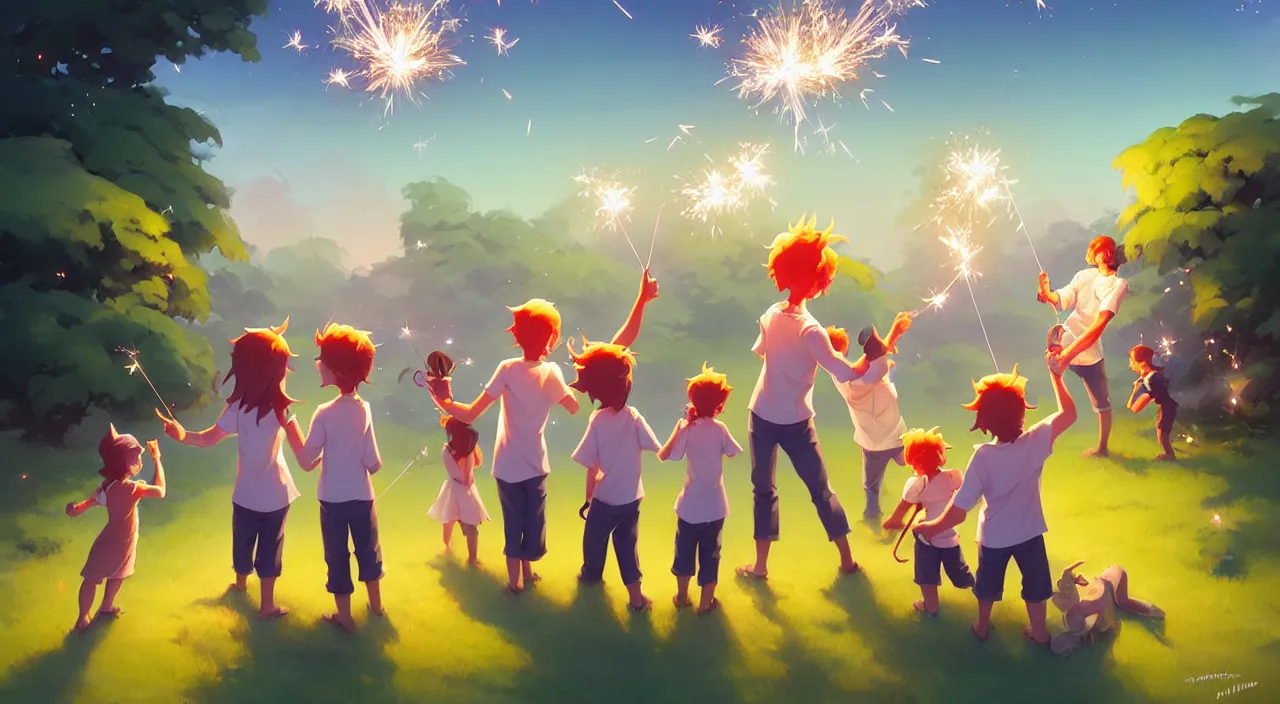 Prompt: family out in their back yard having a birthday party carrying sparklers, in marble incrusted of legends official fanart behance hd by Jesper Ejsing, by RHADS, Makoto Shinkai and Lois van baarle, ilya kuvshinov, rossdraws global illumination