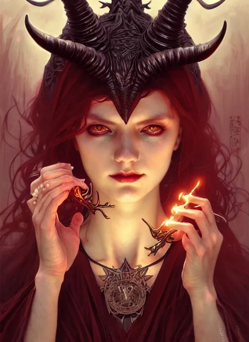 Prompt: a beautiful illustration of a satanic witch with horns in head, intricate, sharp focus, illustration, highly detailed, digital painting, concept art, matte, art by WLOP and Artgerm and Greg Rutkowski and Alphonse Mucha, masterpiece