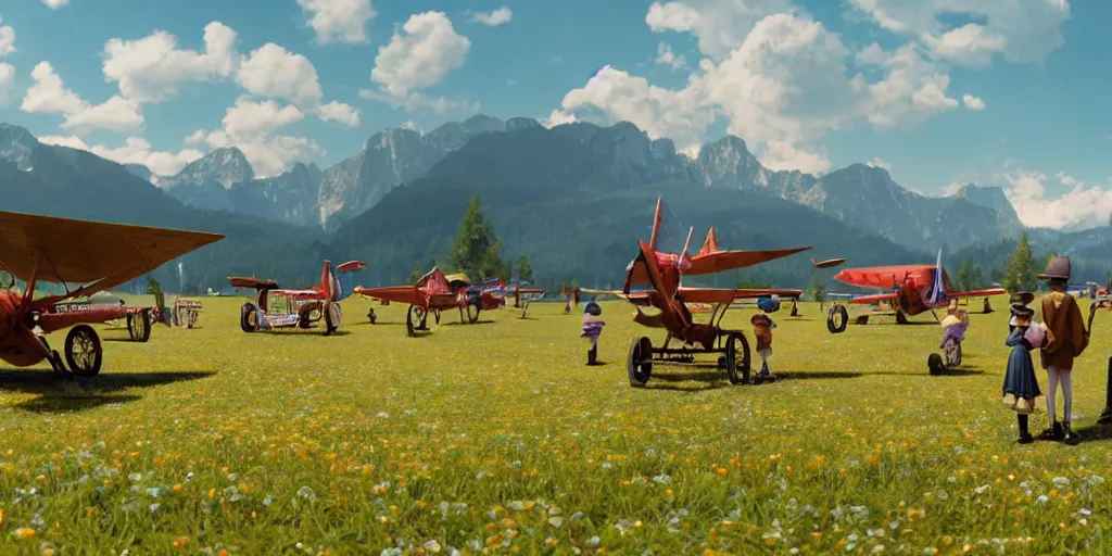 Prompt: a ultra photorealistic and sharp film still of an a sunny and colourful airfield in 1 9 1 6 in the middle of the bavarian alps, germany. wide shot, frog perspective, wes anderson, studio ghibli, pixar and disney animation, octane render, anime key art by greg rutkowski, dramatic lighting, award winning photography