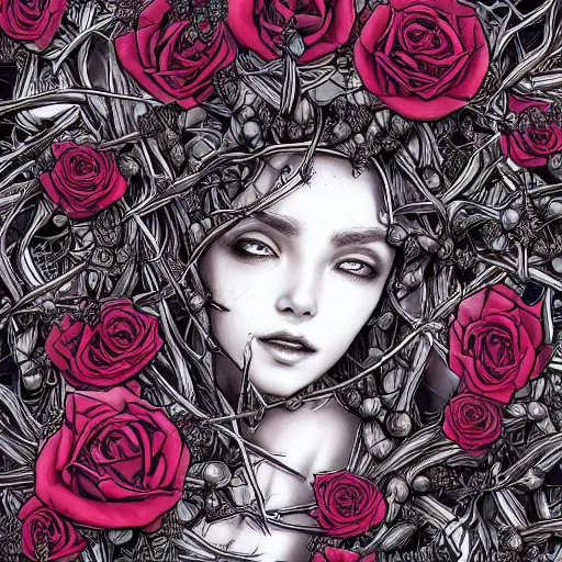 Prompt: the anatomy of a head of thorns with roses that resemble a beautiful woman, an ultrafine detailed illustration by james jean, intricate linework, bright colors, final fantasy, behance contest winner, vanitas, angular, altermodern, unreal engine 5 highly rendered, global illumination, radiant light, detailed and intricate environment