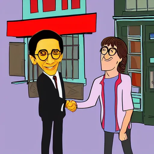 Image similar to john lennon shakes hand with obama outside quaint cafe in the city, cartoon style digital art