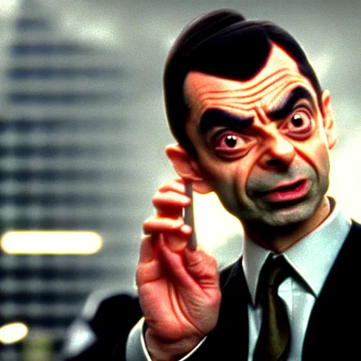 Image similar to mr. bean as agent smith from the matrix. movie still. slow motion. cinematic lighting.