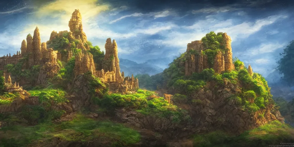 Prompt: sandstone castle, lush and beautiful concept art for the shire, floating rocks in the air, stone city, arabian nights, sand, golden sun, planets, lord of the rings, peter jackson, studio ghibli, detailed, realistic lighting, volumetric lighting, golden hour,