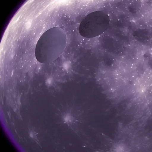 Image similar to close - up of a purple planet from the space with a moon, seas mountains and clouds on its surface,