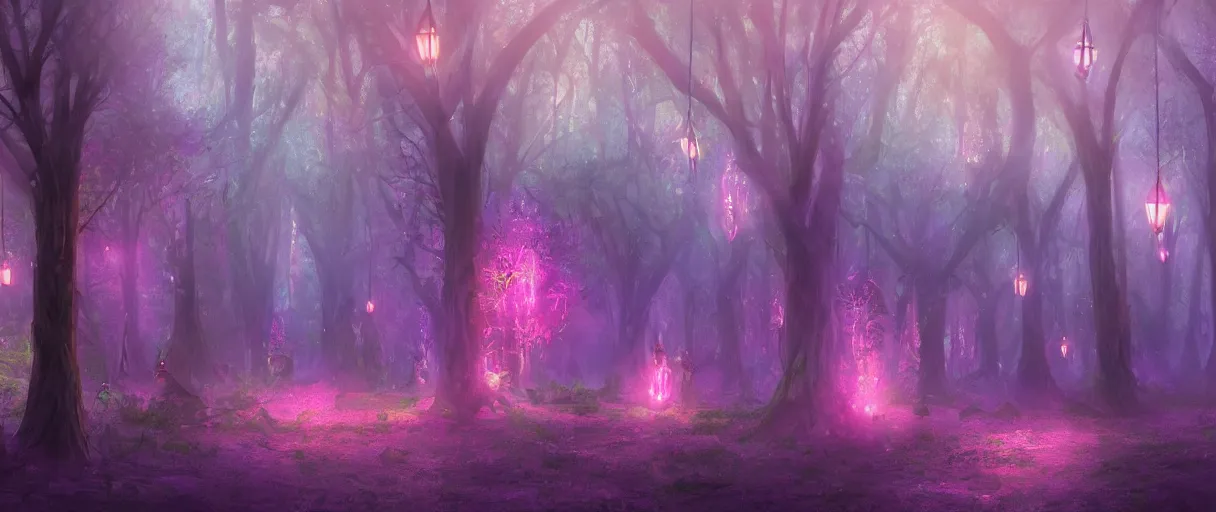 Prompt: a digital painting of a magical fantasy forest, large magical trees, magical flowers, hanging lanterns, volumetric lighting, mystical, evening, concept art, trending on artstation, matte painting, high detail, high quality, pink/purple colour scheme