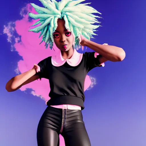 Image similar to portrait of black anime manga girl, throwing punch pose towards camera, french bob hair, white hair, by gustave dore, vaporwave colors, lofi colors, vaporwave, lofi, goth vibe, 4 k, smooth, hd, substance designer render, full body character concept art, 2 point lighting,