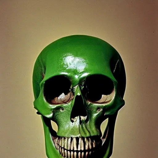 Prompt: A beautiful art installation of a skull that is part organic, part mechanic. It is an accurate representation of how the artist sees the world. camouflage green, Hex color code #0000FF by Richard Eurich, by George Tice