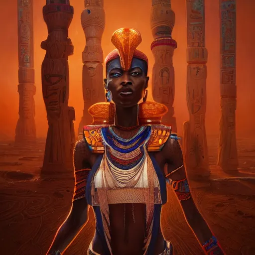 Image similar to highly detailed portrait of an african egyptian goddess, intricate alien technology, stephen bliss, unreal engine, fantasy art by greg rutkowski, loish, rhads, ferdinand knab, makoto shinkai and lois van baarle, ilya kuvshinov, rossdraws, tom bagshaw, global illumination, radiant light, detailed and intricate environment