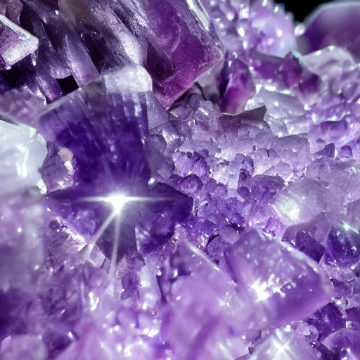 Image similar to hyper realistic macro shot of amethyst crystals, high definition, incredible detail, flash photography at night, cave exploration, muted pastel tones