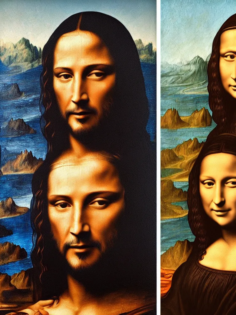 Image similar to painting of keanu reeves in the style of mona lisa, painting by leonardo da vinci