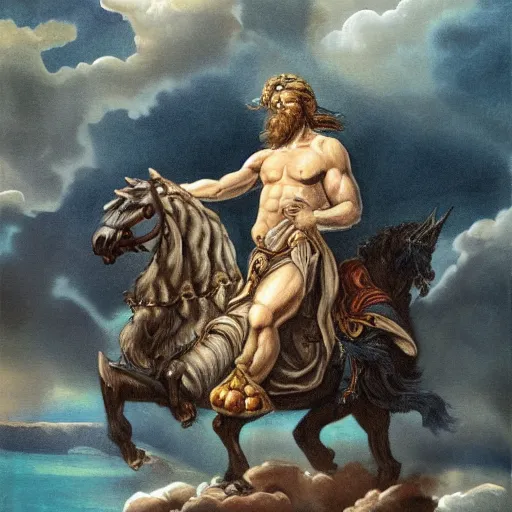 Prompt: painted portrait of zeus! god of thunder riding black horse, masterpiece