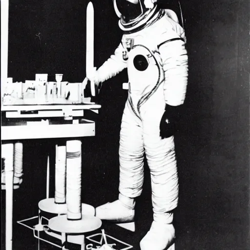 Image similar to old photograph of an astronaut in a futurist lab doing occult experiments