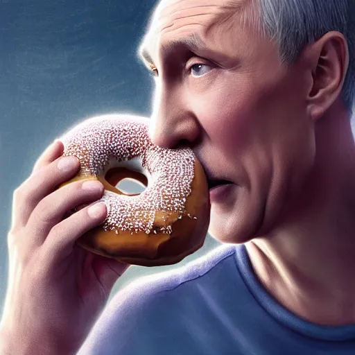 Prompt: Vladimir Putin eating a donut, made by Stanley Artgerm Lau, WLOP, Rossdraws, ArtStation, CGSociety, concept art, cgsociety, octane render, trending on artstation, artstationHD, artstationHQ, unreal engine, 4k, 8k