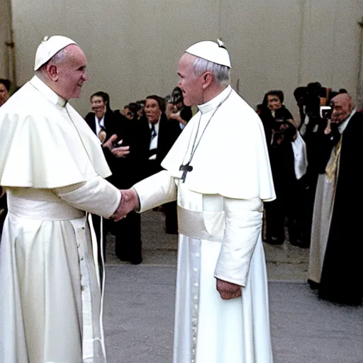 Prompt: photgraph of the pope john paul ii shaking hands with kanye west