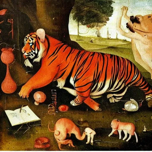 Image similar to in a dream world, a tiger tries to close an important deal, a pig tries to prevent the success of the deal, in the style of victor stabin, afro, cagli and hieronymus bosch, epic composition, insanely quality, only with red and crimson colors, masterpiece