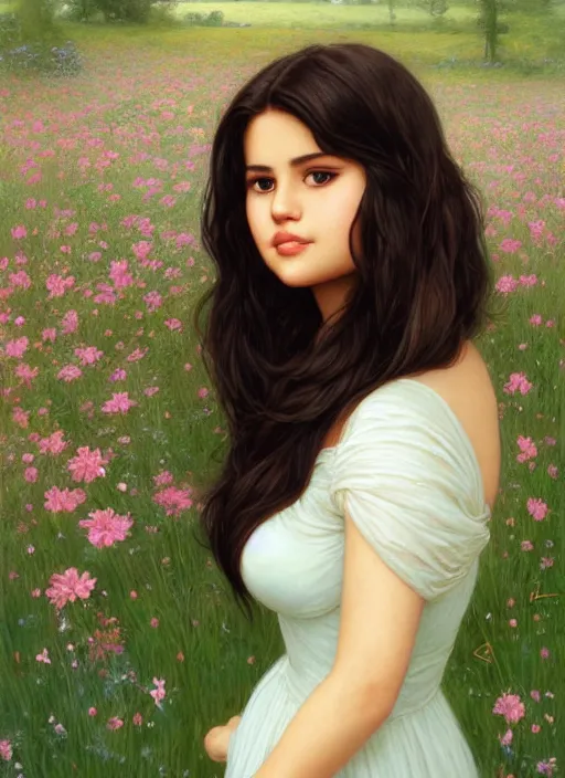 Prompt: beautiful thirty year old woman with long black hair, tan skin, curvy hourglass figure, round cute face, slight resemblance to selena gomez wearing a modest colorfu ldisney princess gown in a field of flowers. beautiful painting by artgerm and greg rutkowski lois van baarle and bouguereau