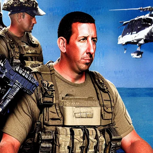 Prompt: Adam Sandler as a navy SEAL, high resolution fantasy concept art, intricate details, soft lighting