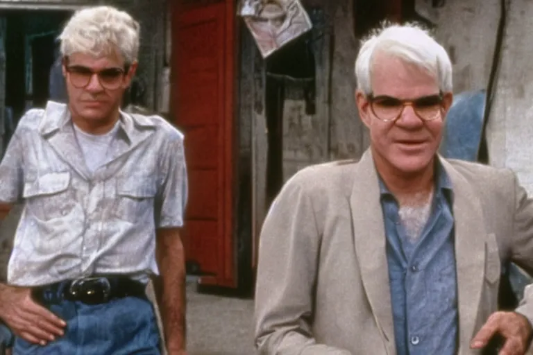 Image similar to steve martin in the jerk, ragged clothes, desheveled, cinematic still,