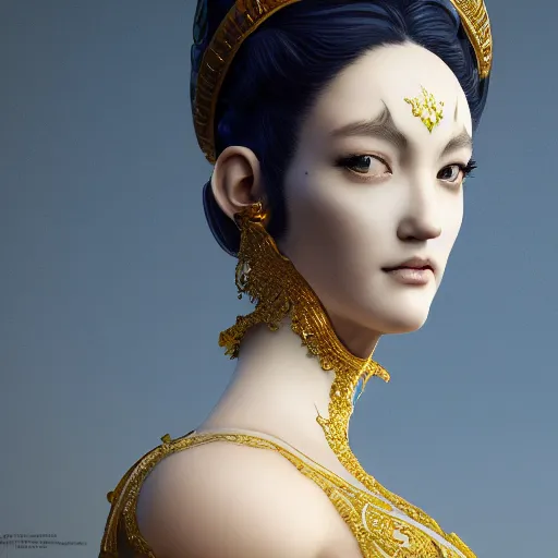 Prompt: a marble statue masterpiece of a gorgeous evil woman with white and gold, macro detailed oily skin, by kim jung gi, irakli nadar, intricate linework, bright colorshighly detailed, sharpness. victorian dress, hyper realistic., close up, face only, portrait, bright lights, bright render, octane render, corona render