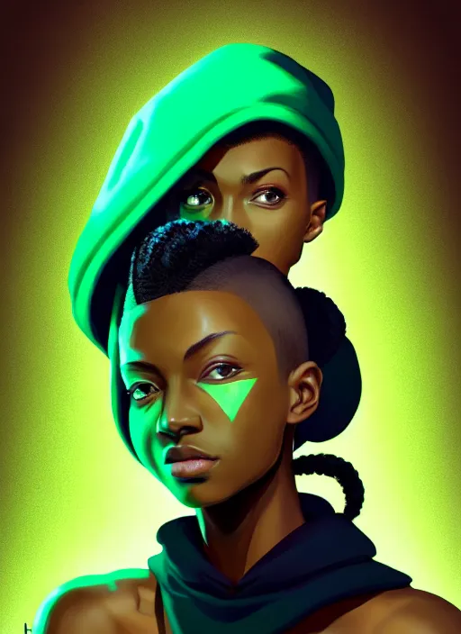 Image similar to photographic portrait of an handsome young black woman with a mohican haircut and green eyes in a back hoodie, flat lighting, elegant, highly detailed, digital painting, artstation, concept art, sharp focus, star wars, illustration, art by akira toriyama