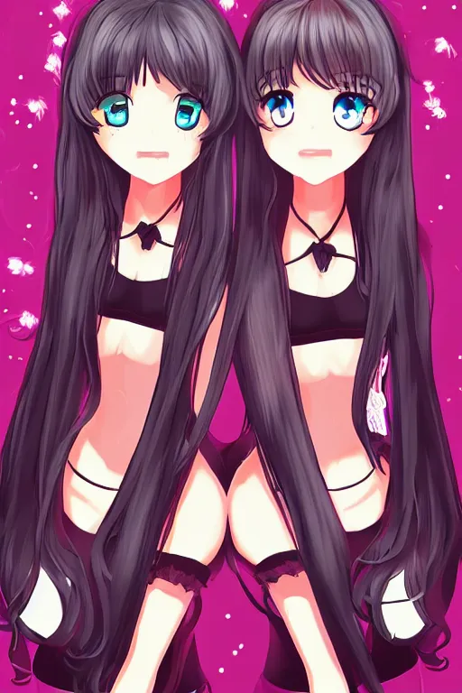 Image similar to two beautiful female idols with twintails standing chest to chest, dark background, digital art