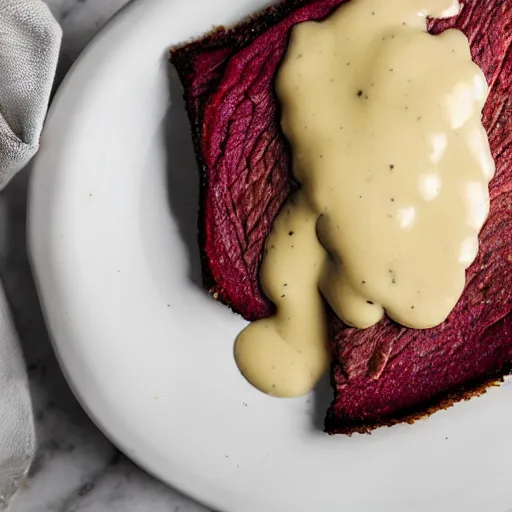Prompt: wide open flaky pastrami leaking white bechamel sauce, close up food photography